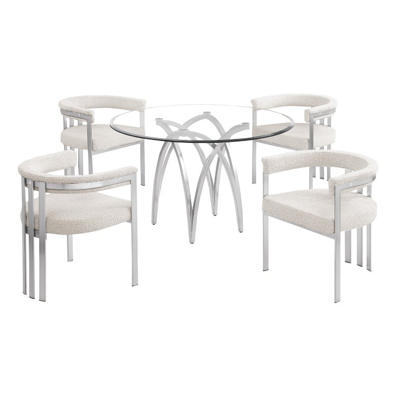 Best Quality Furniture 5pc Circle Clear Glass Dining Set & Boucle Fabric Chairs