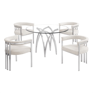 Best Quality Furniture 5pc Circle Clear Glass Dining Set & Boucle Fabric Chairs