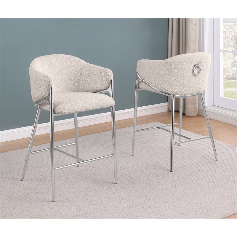 Best Quality Furniture Cream Teddy Boucle Fabric Barstools with Chrome