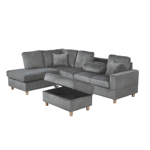 Best Quality Furniture Dark Gray Velvet Corduroy Sectional and Ottoman Set