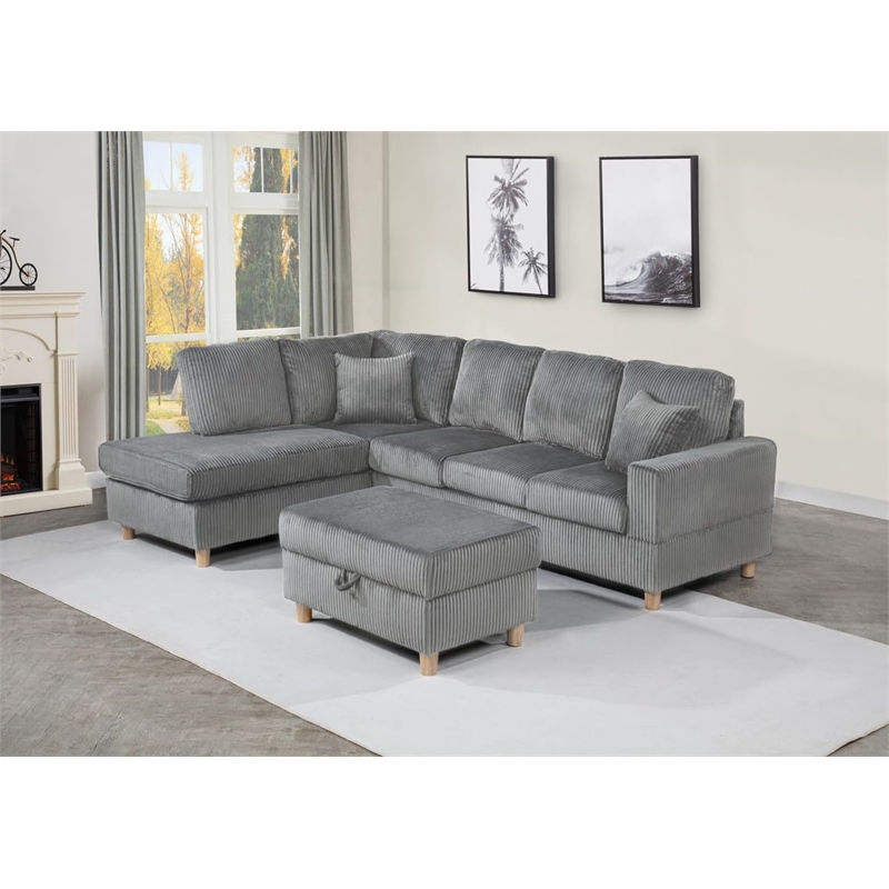 Best Quality Furniture Dark Gray Velvet Corduroy Sectional and Ottoman Set