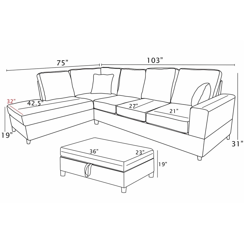 Best Quality Furniture Dark Gray Velvet Corduroy Sectional and Ottoman Set