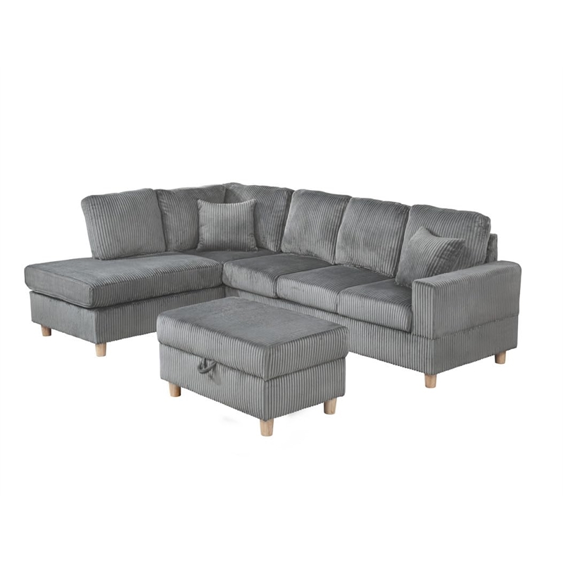 Best Quality Furniture Dark Gray Velvet Corduroy Sectional and Ottoman Set