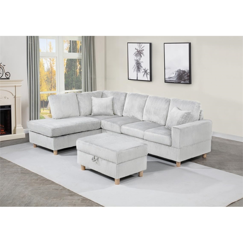 Best Quality Furniture Light Gray Velvet Corduroy Sectional and Ottoman Set