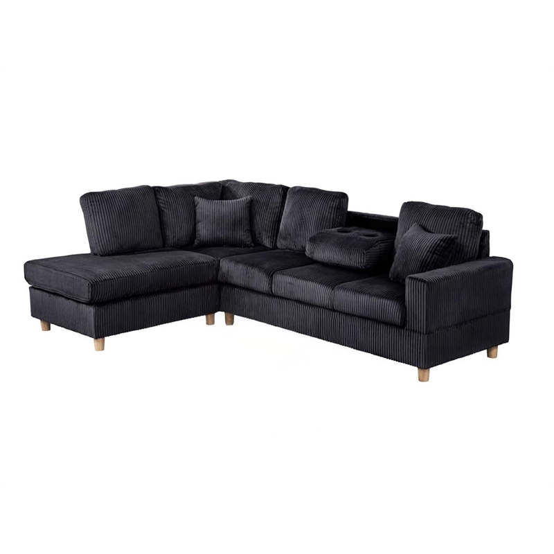Best Quality Furniture Black Velvet Corduroy Sectional and Storage Ottoman Set