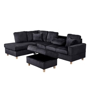 Best Quality Furniture Black Velvet Corduroy Sectional and Storage Ottoman Set