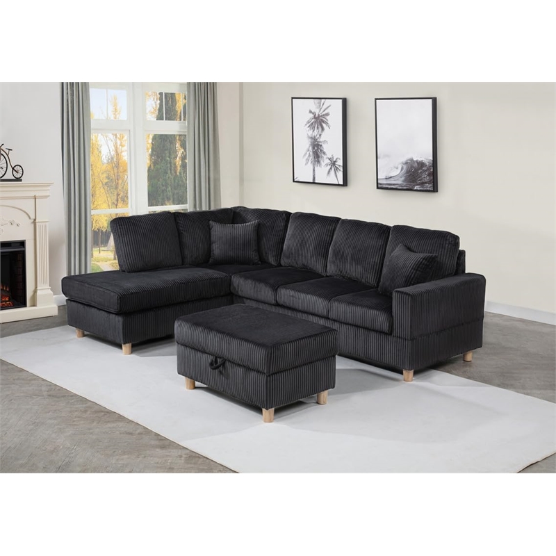 Best Quality Furniture Black Velvet Corduroy Sectional and Storage Ottoman Set