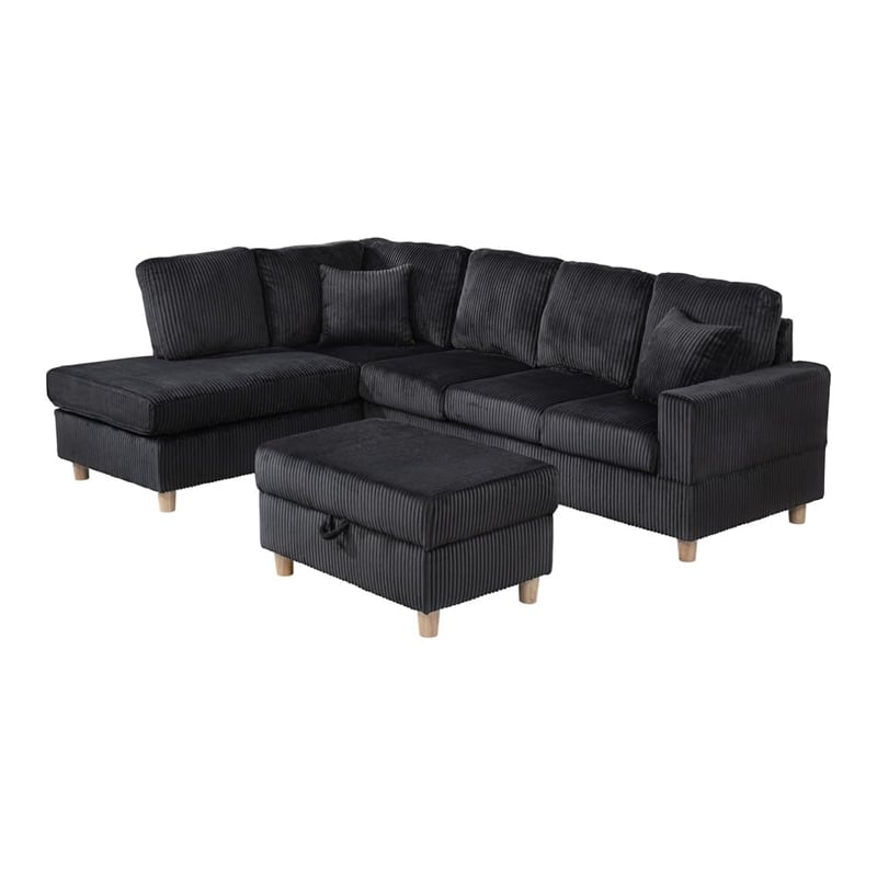 Best Quality Furniture Black Velvet Corduroy Sectional and Storage Ottoman Set