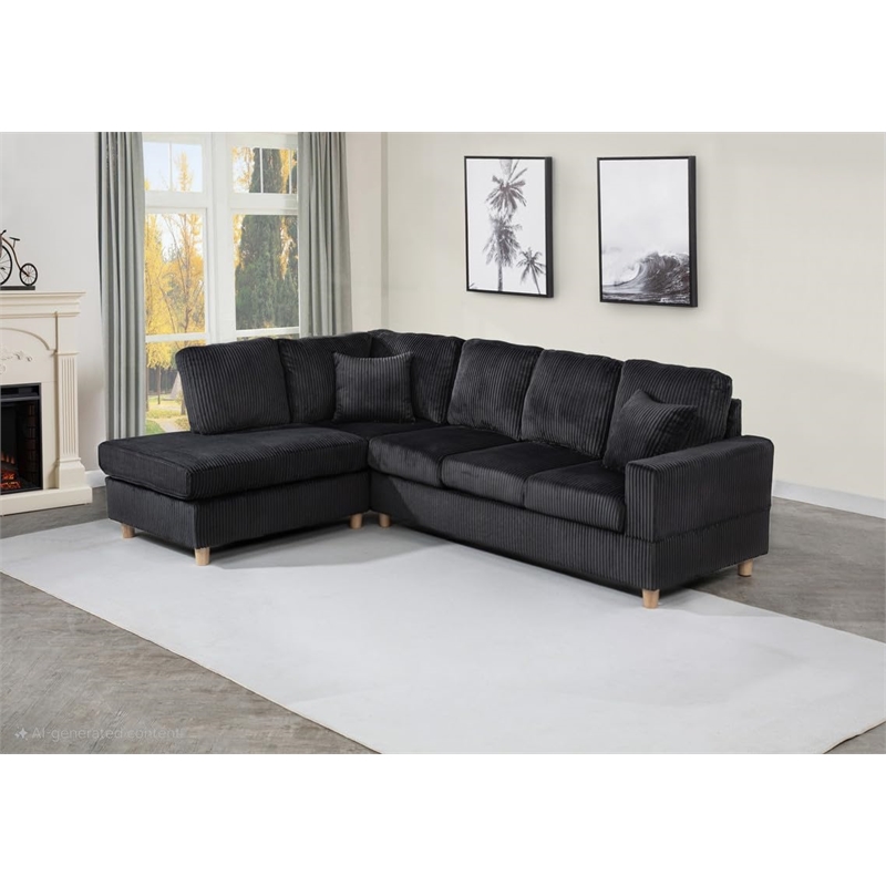 Best Quality Furniture Black Velvet Corduroy Sectional and Storage Ottoman Set