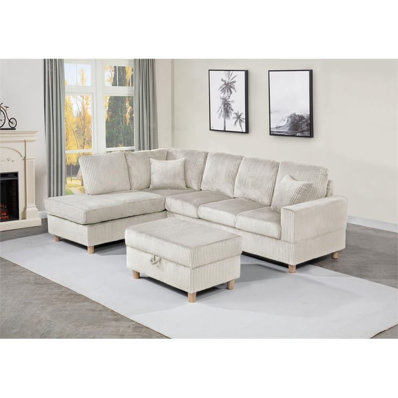 Best Quality Furniture Beige Velvet Corduroy Sectional and Storage Ottoman Set