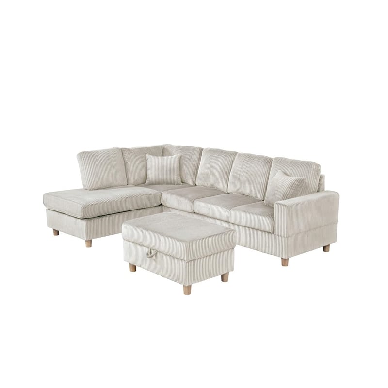 Best Quality Furniture Beige Velvet Corduroy Sectional and Storage Ottoman Set