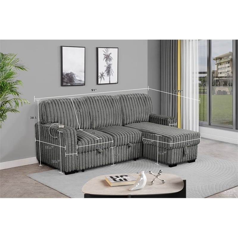 Best Quality Furniture Dark Gray Velvet Corduroy Sectional with Pull Out Bed