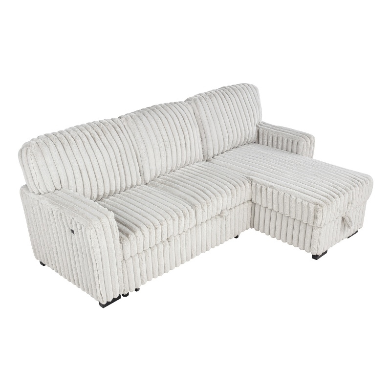 Best Quality Furniture Beige Velvet Corduroy Sectional with Pull Out Bed