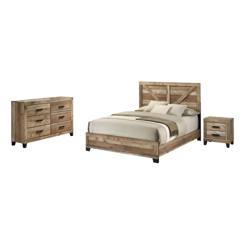 Best Quality Furniture 3 Piece Weathered Brown Pine Wood Bedroom Set in King