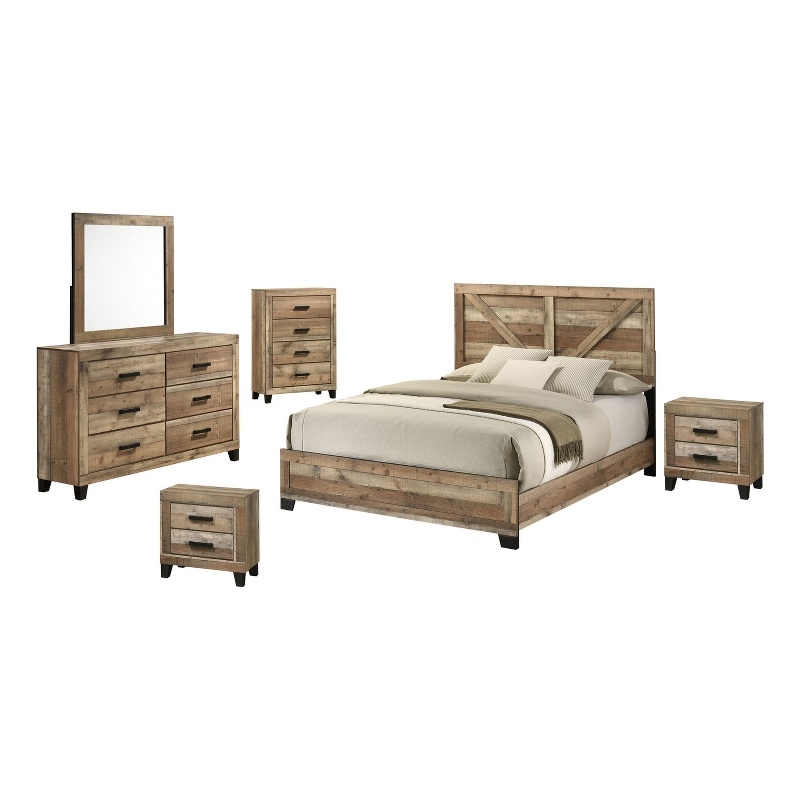 Best Quality Furniture 6 Piece Weathered Brown Pine Wood Bedroom Set in Queen