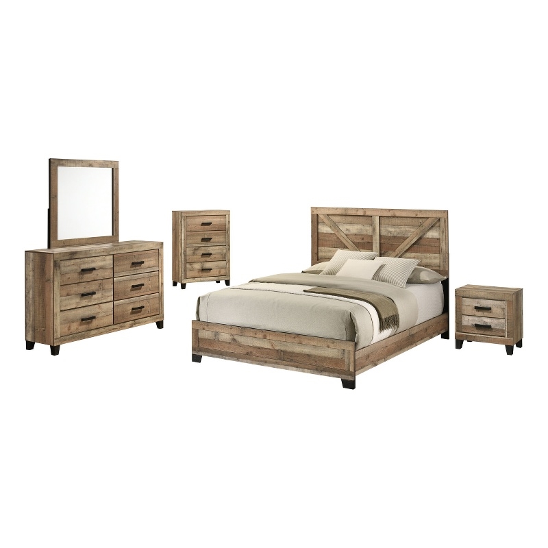 Best Quality Furniture 5 Piece Weathered Brown Pine Wood Bedroom Set in Queen