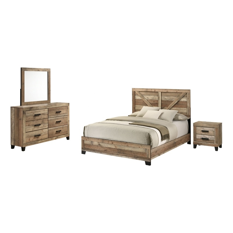 Best Quality Furniture 4 Piece Weathered Brown Pine Wood Bedroom Set in Queen
