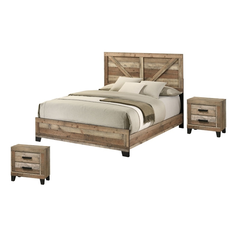 Best Quality Furniture 3 Piece Weathered Brown Pine Wood Bedroom Set in Queen