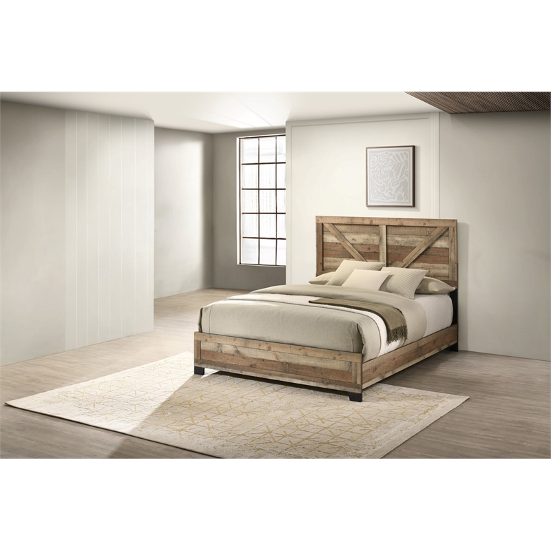 Best Quality Furniture Queen Panel Bed in Weathered Brown Pine Wood