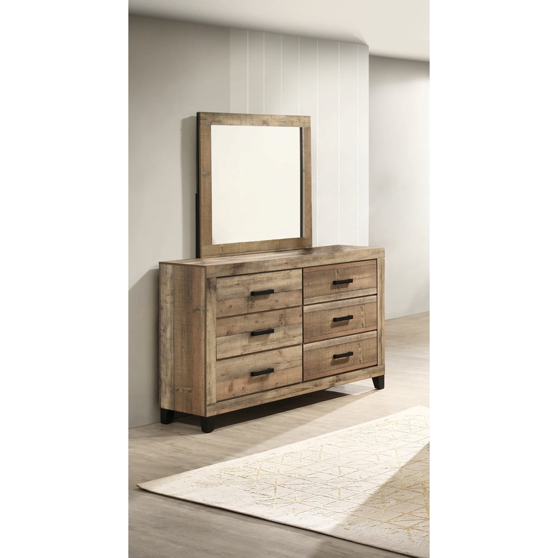 Best Quality Furniture 6 Drawer Dresser with Mirror in Weathered Brown Pine Wood