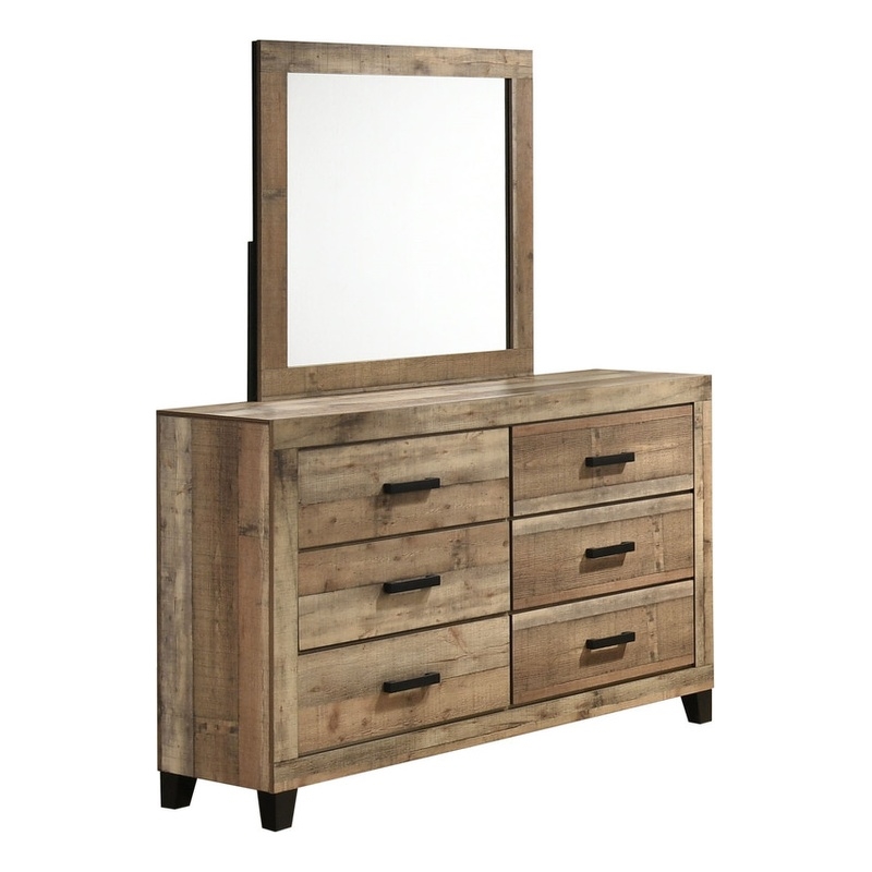 Best Quality Furniture 6 Drawer Dresser with Mirror in Weathered Brown Pine Wood