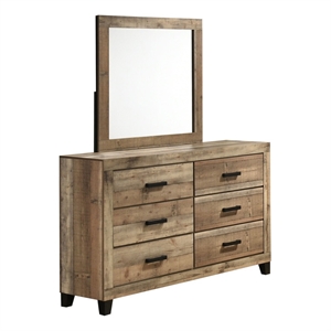 Best Quality Furniture 6 Drawer Dresser with Mirror in Weathered Brown Pine Wood
