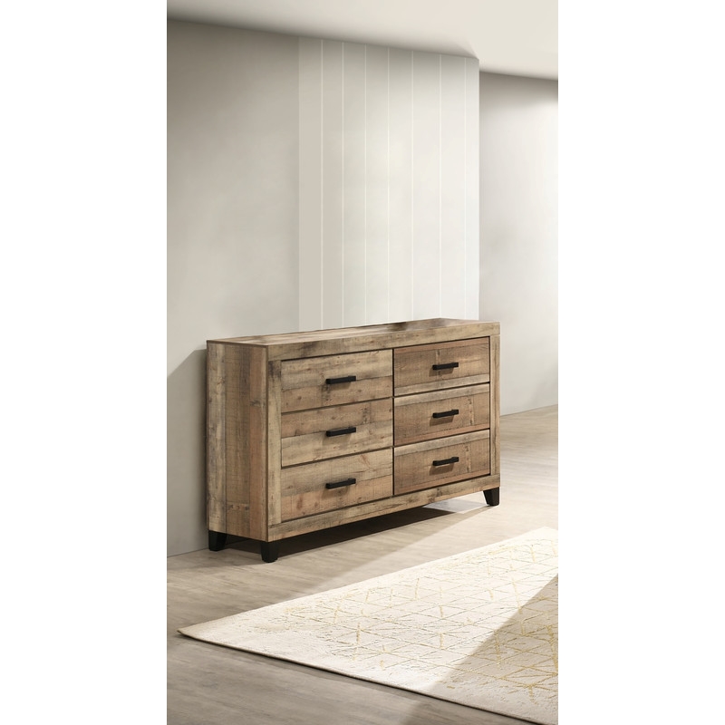Best Quality Furniture 6 Drawer Dresser in Weathered Brown Pine Wood