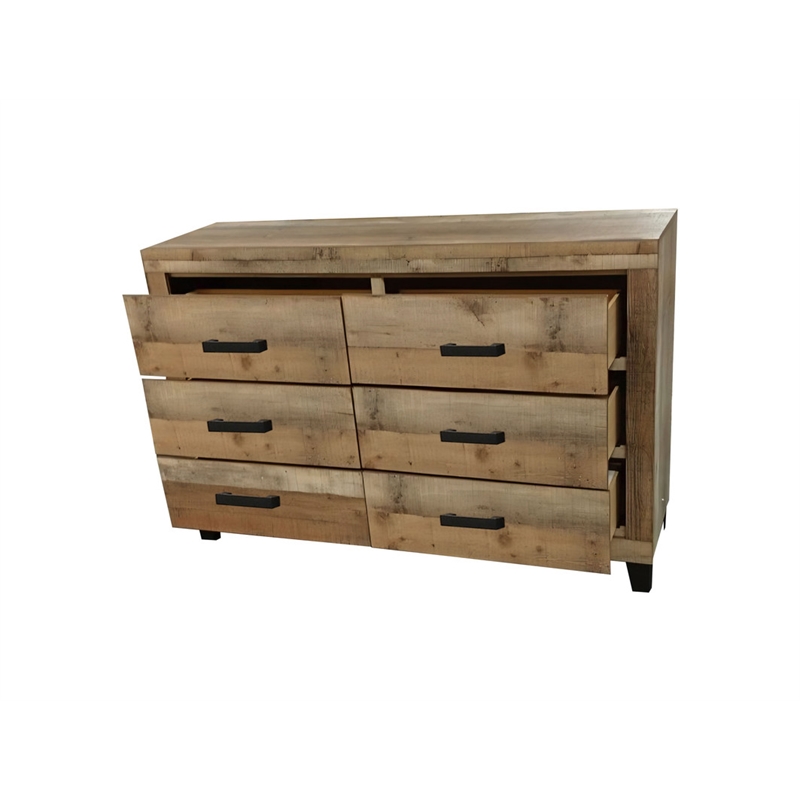 Best Quality Furniture 6 Drawer Dresser in Weathered Brown Pine Wood