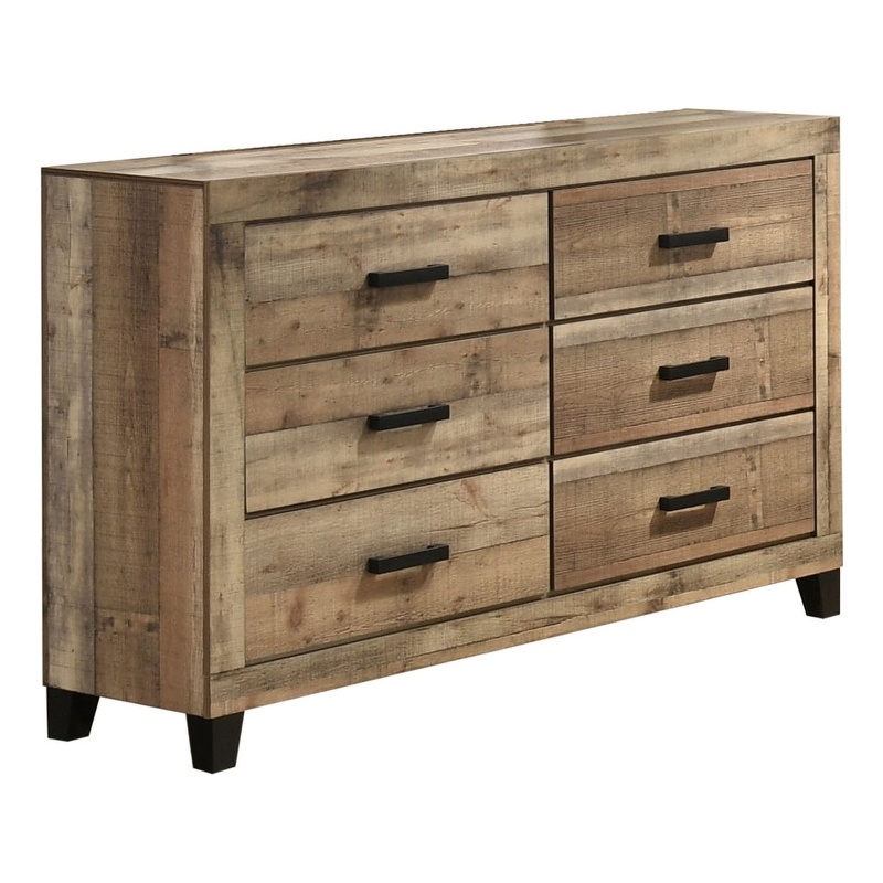 Best Quality Furniture 6 Drawer Dresser in Weathered Brown Pine Wood