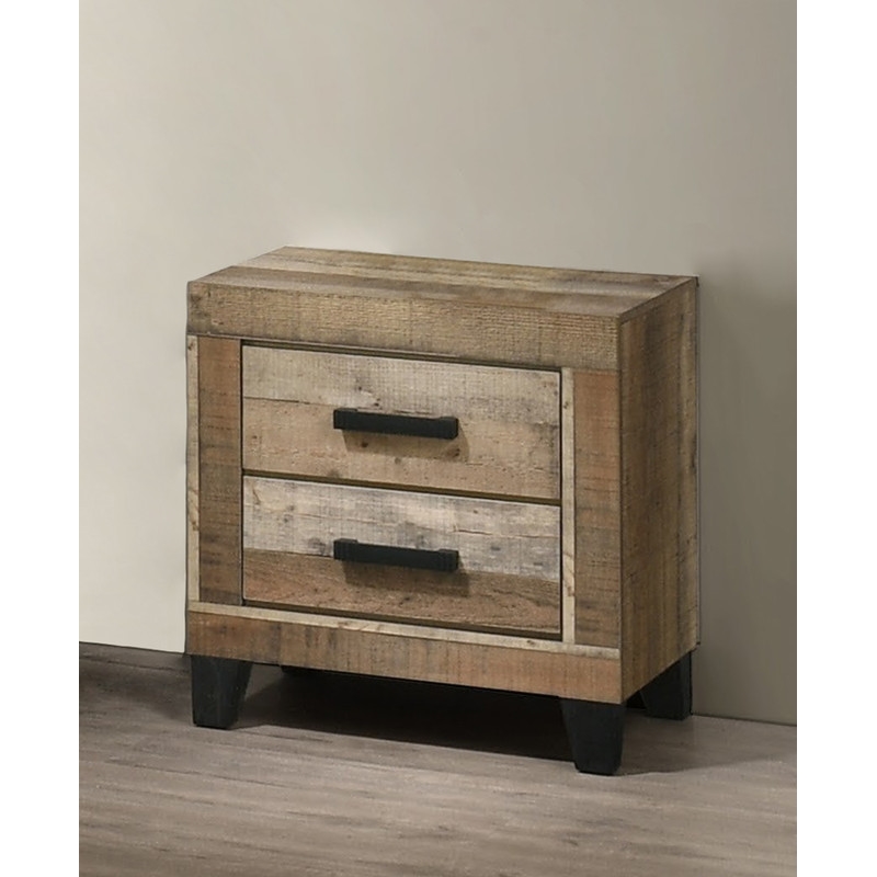 Best Quality Furniture 2 Drawer Nightstand in Weathered Brown Pine Wood