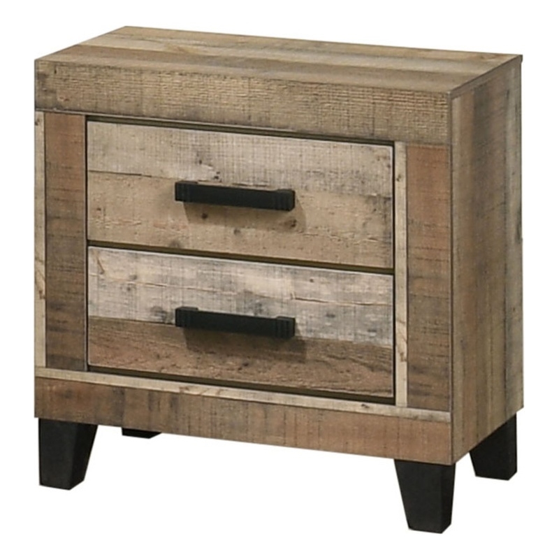 Best Quality Furniture 2 Drawer Nightstand in Weathered Brown Pine Wood