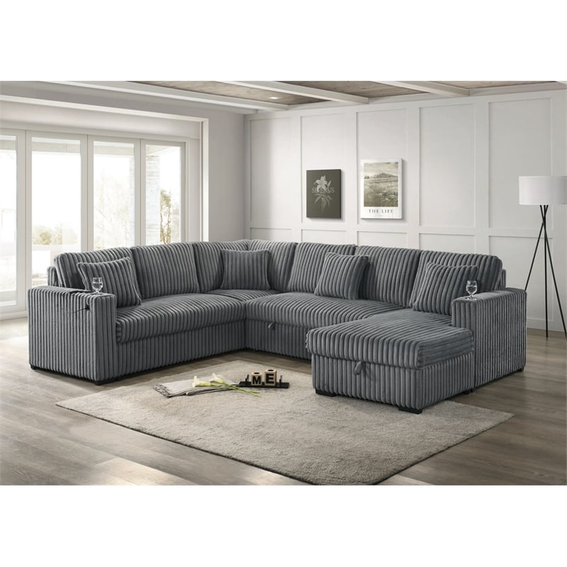 Best Quality Furniture 3 Piece Sectional w Pullout Bed in Gray Corduroy Velvet