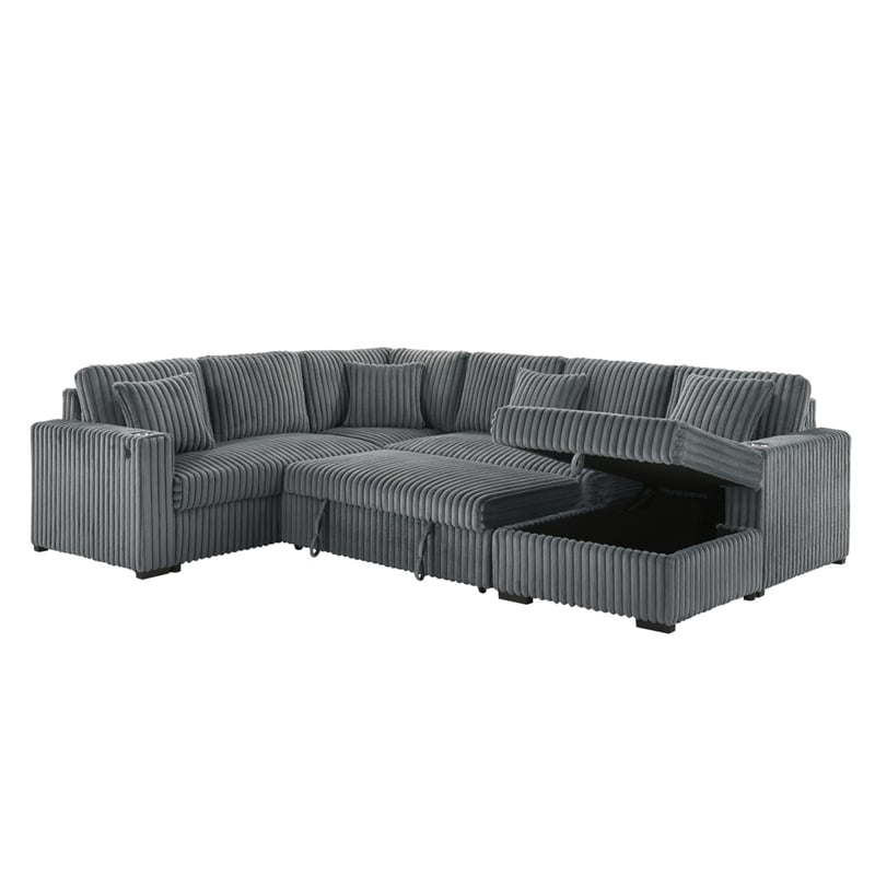 Best Quality Furniture 3 Piece Sectional w Pullout Bed in Gray Corduroy Velvet