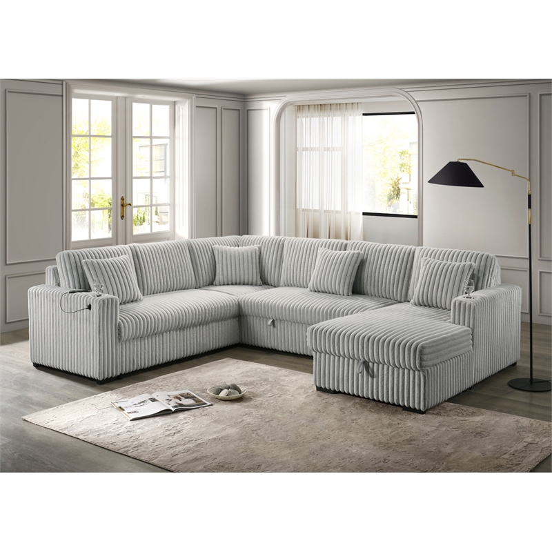 Best Quality Furniture 3pc Sectional w Pullout Bed in Light Gray Corduroy Velvet