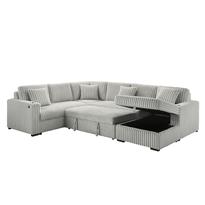 Best Quality Furniture 3pc Sectional w Pullout Bed in Light Gray Corduroy Velvet