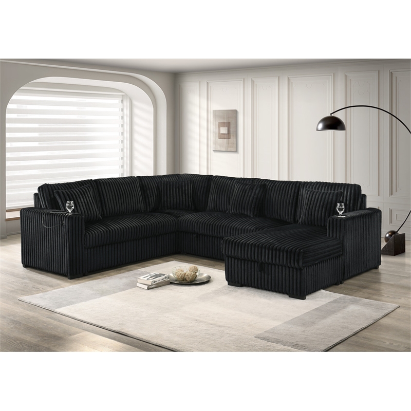 Best Quality Furniture 3 Piece Sectional w Pullout Bed in Black Corduroy Velvet