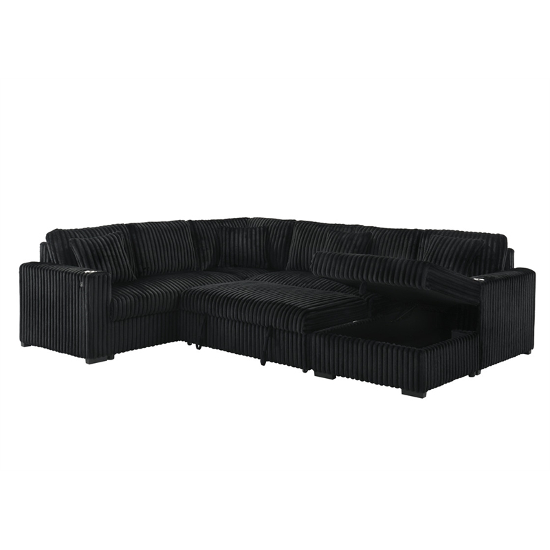 Best Quality Furniture 3 Piece Sectional w Pullout Bed in Black Corduroy Velvet