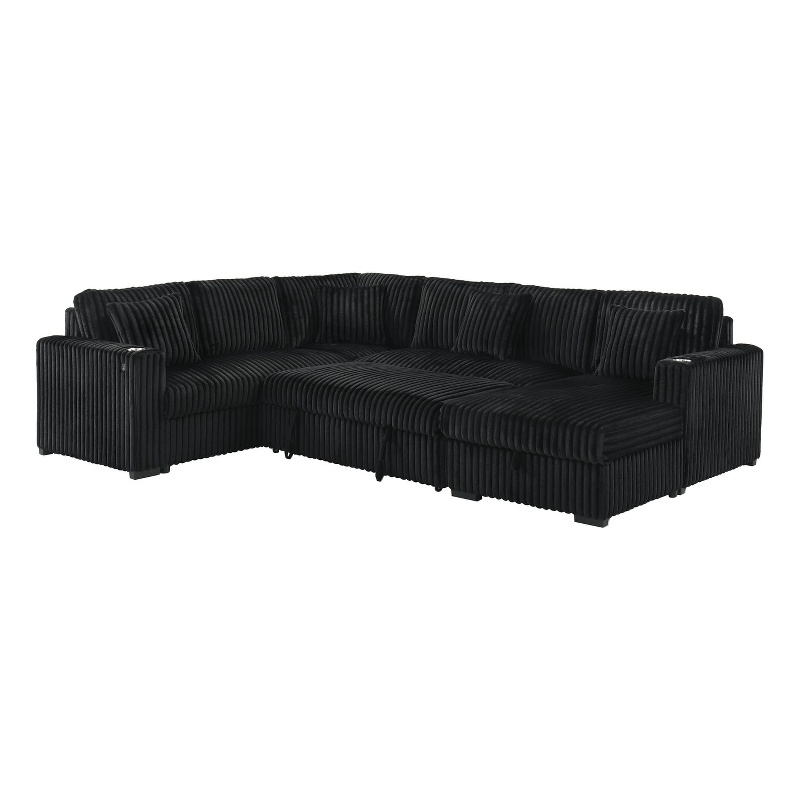 Best Quality Furniture 3 Piece Sectional w Pullout Bed in Black Corduroy Velvet
