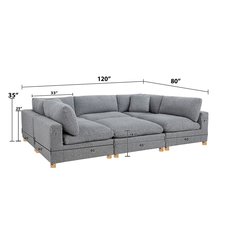 Best Quality Furniture Modular 6 Piece Sectional in Rich Gray Boucle Fabric