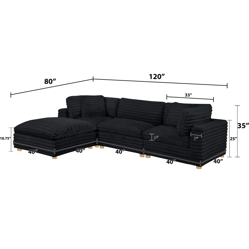 Best Quality Furniture Modular 4 Piece Sectional in Black Velvet Corduroy