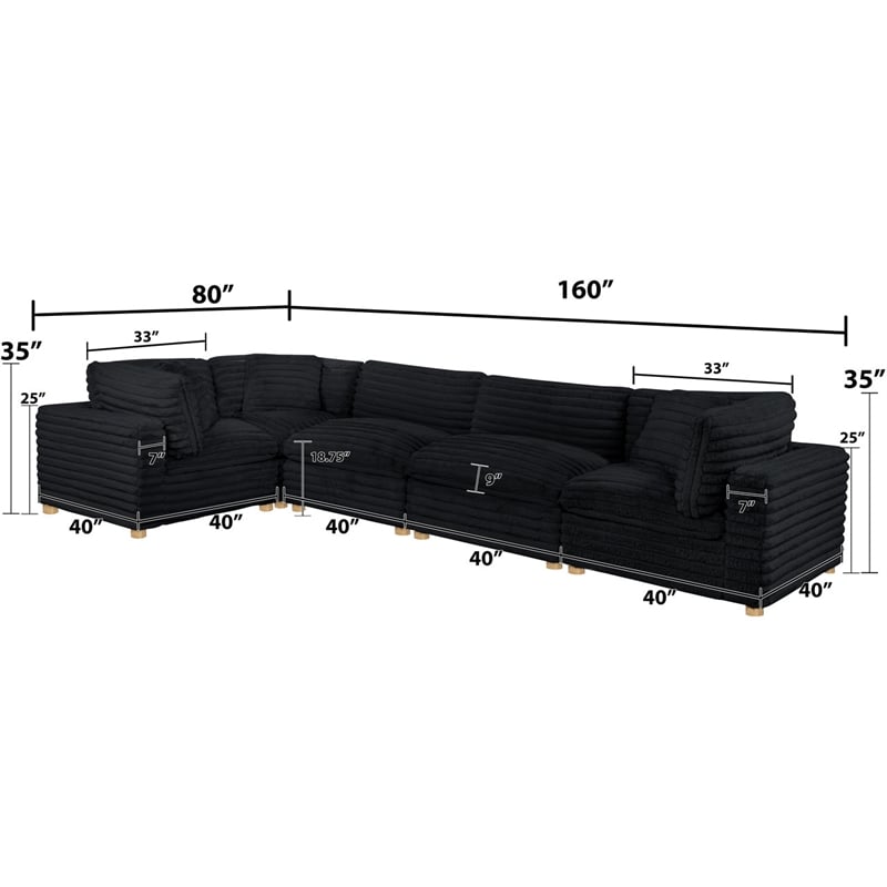 Best Quality Furniture Modular 5 Piece Sectional in Black Velvet Corduroy