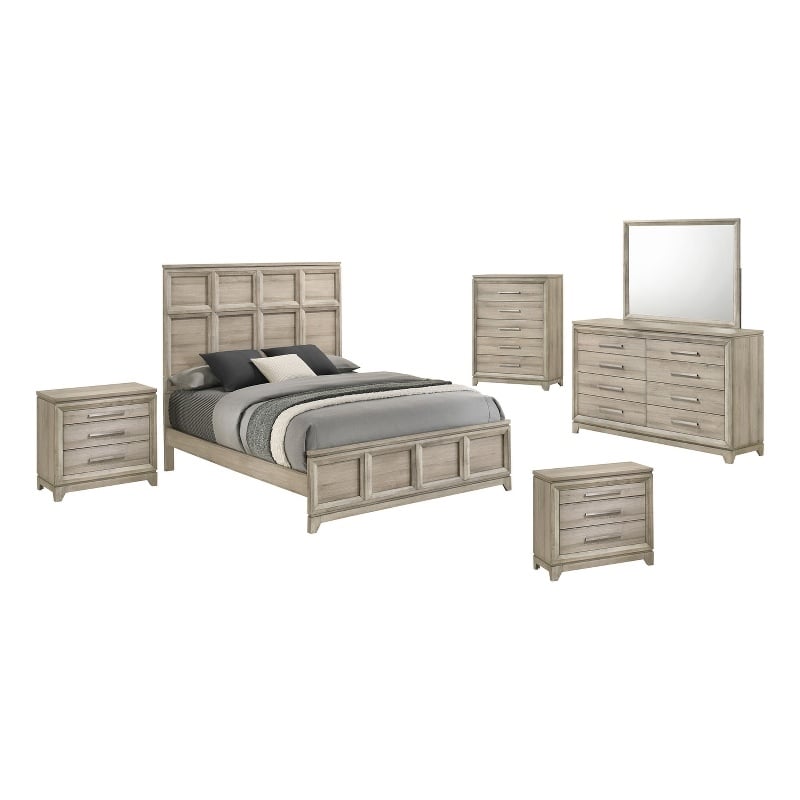 Best Quality Furniture Grey-Beige Wood Bedroom Set with King Panel Bed