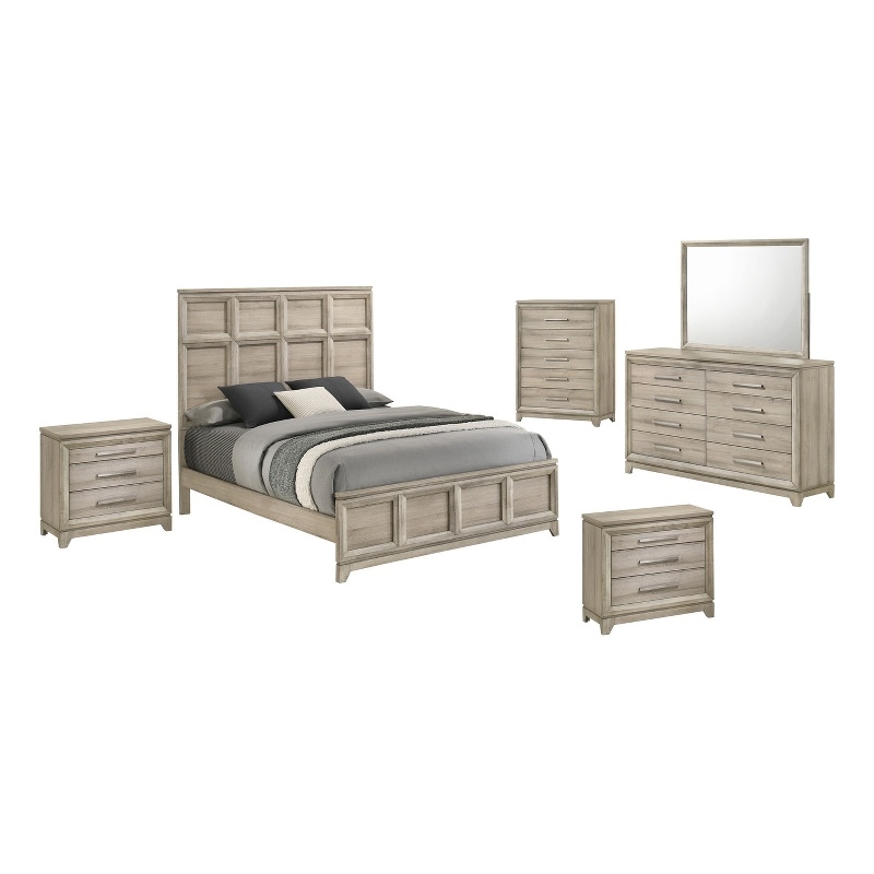 Best Quality Furniture Grey-Beige Wood Bedroom Set with Queen Panel Bed