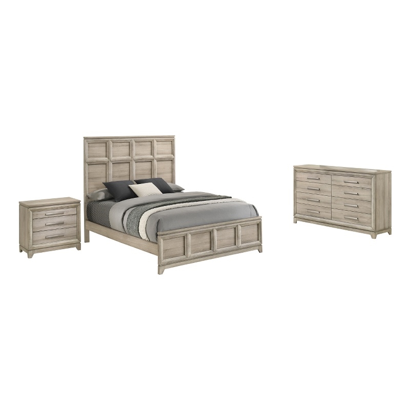 Best Quality Furniture Grey-Beige Wood Bedroom Set with Queen Panel Bed
