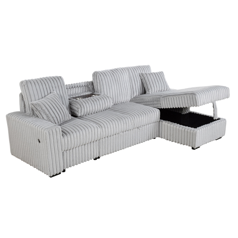 Best Quality Furniture Light Gray Corduroy Fabric 3pc Sectional with Pullout Bed