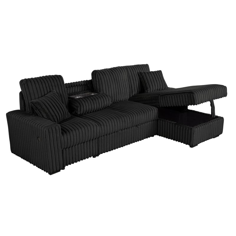 Best Quality Furniture Black Corduroy Fabric 3pc Sectional with Pullout Bed