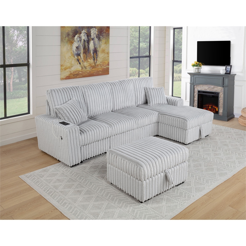 Best Quality Furniture Light Gray Corduroy Fabric 4pc Sectional with Pullout Bed