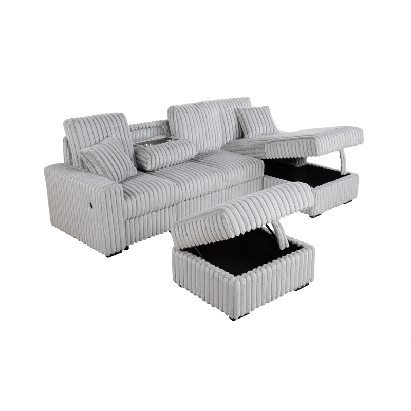 Best Quality Furniture Light Gray Corduroy Fabric 4pc Sectional with Pullout Bed