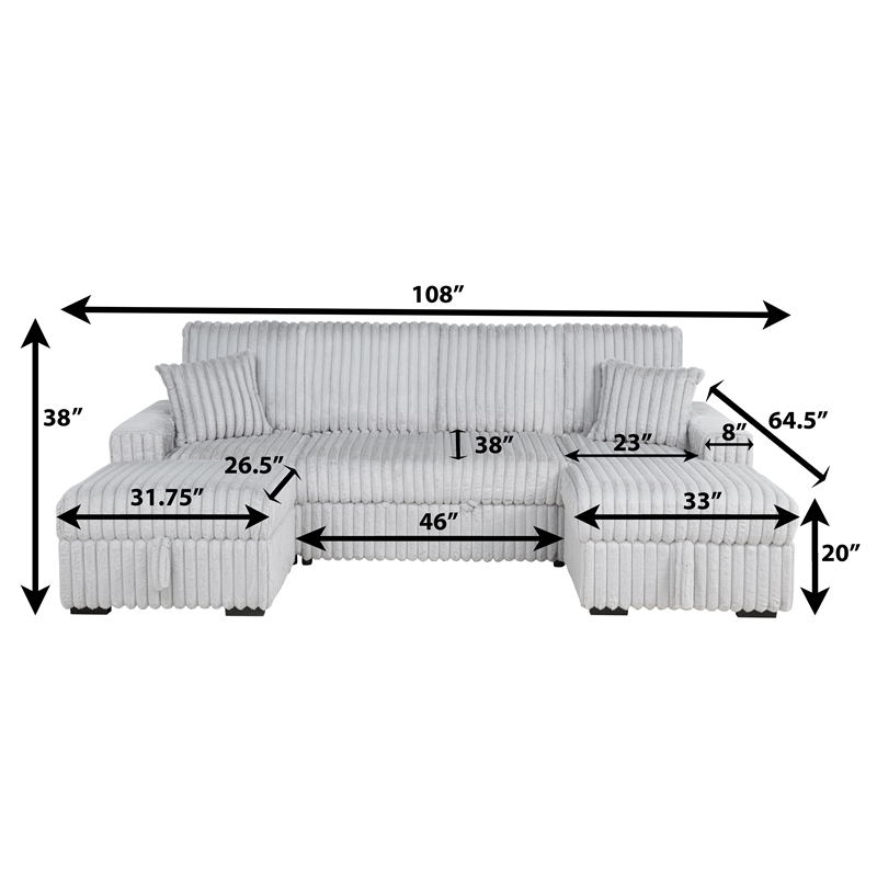 Best Quality Furniture Light Gray Corduroy Fabric 4pc Sectional with Pullout Bed