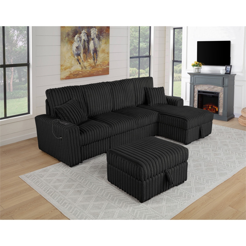 Best Quality Furniture Black Corduroy Fabric 4pc Sectional with Pullout Bed